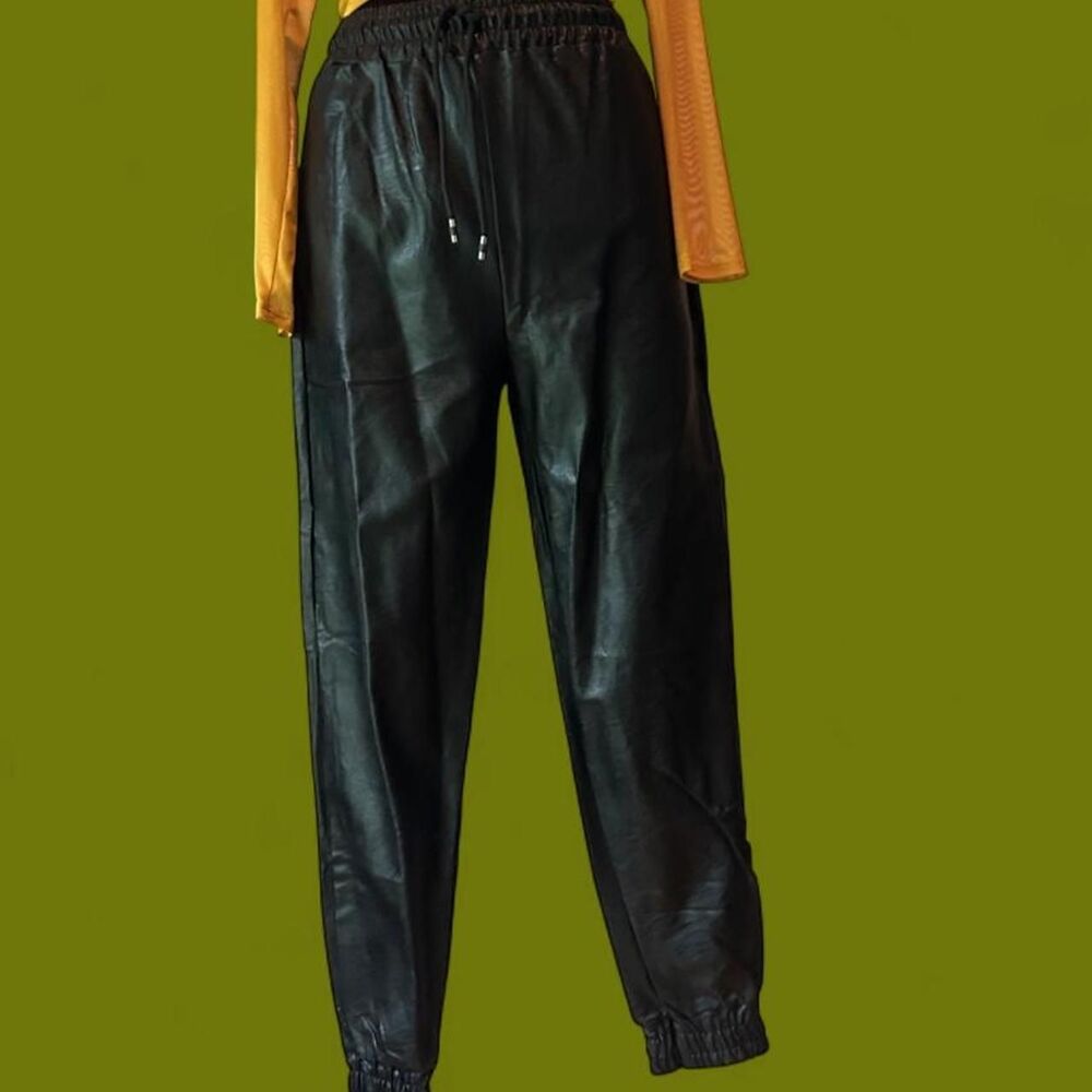 Black Faux Leather Jogger Pants Drawstring Waist Y2K